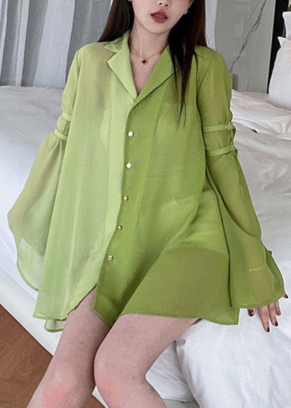 DIY Green Notched Patchwork Chiffon Shirt Spring LY0792 - fabuloryshop