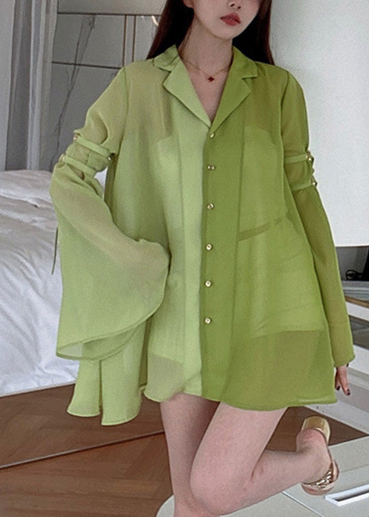 DIY Green Notched Patchwork Chiffon Shirt Spring LY0792 - fabuloryshop