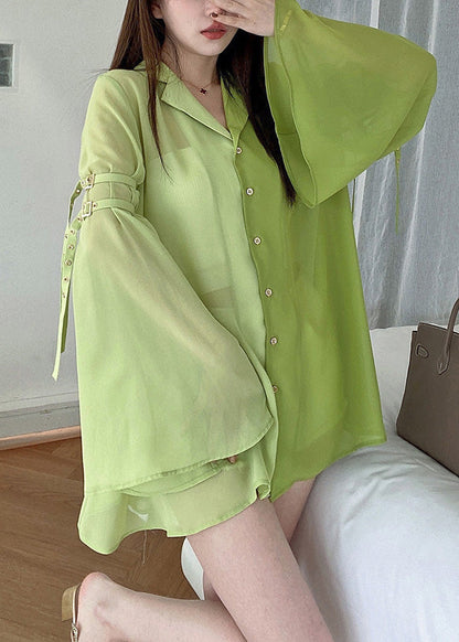 DIY Green Notched Patchwork Chiffon Shirt Spring LY0792 - fabuloryshop