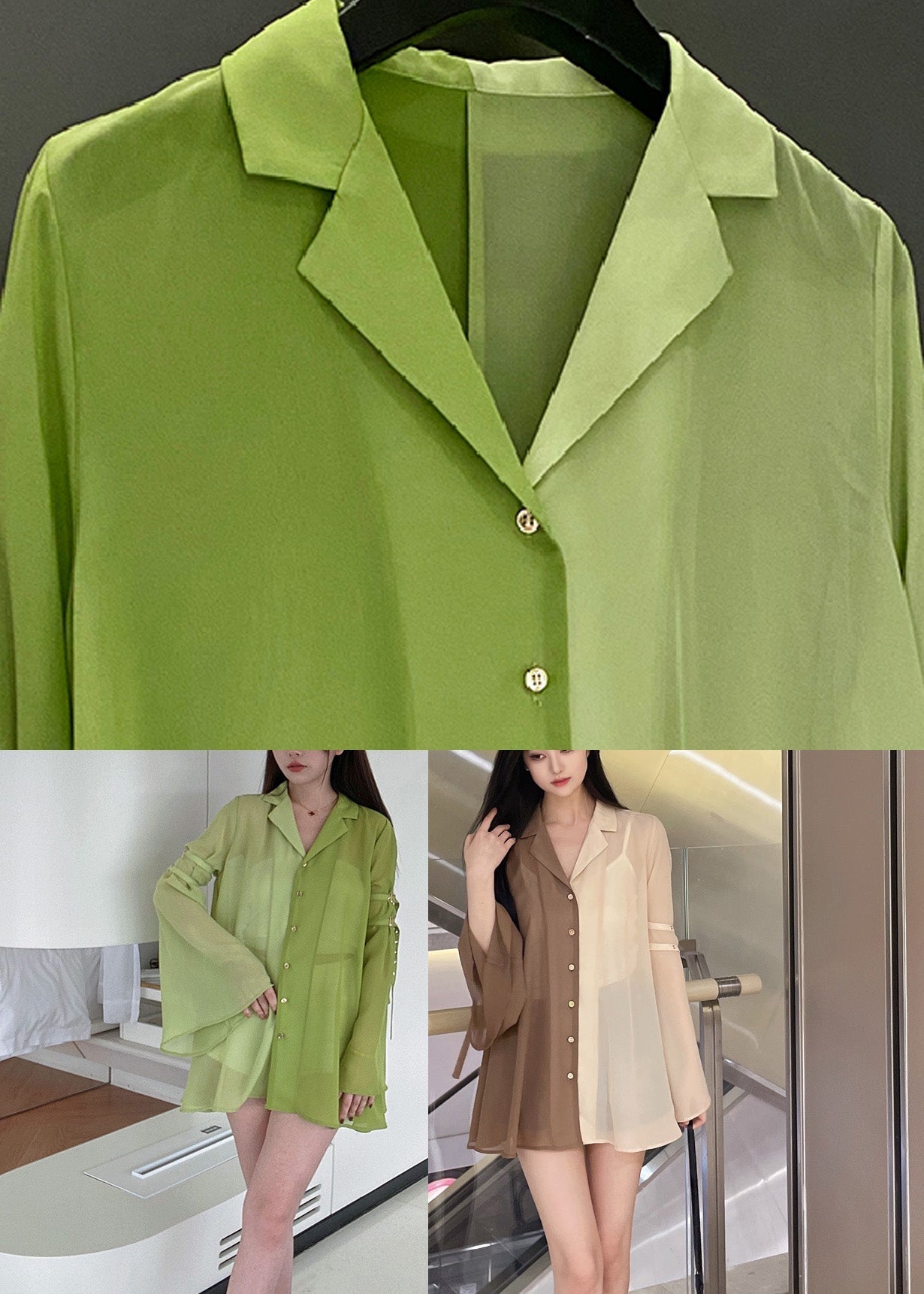 DIY Green Notched Patchwork Chiffon Shirt Spring LY0792 - fabuloryshop