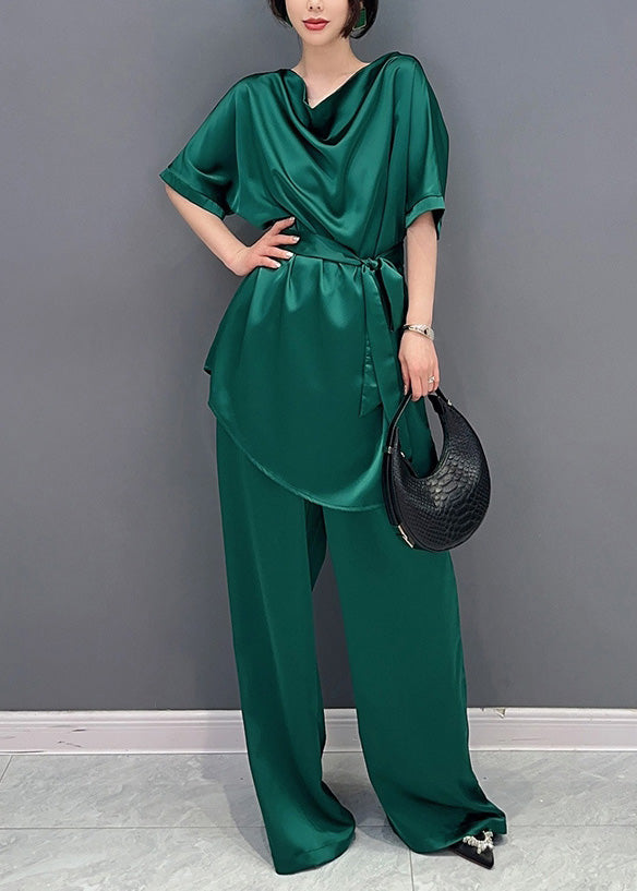 DIY Green O-Neck Solid Top And Wide Leg Pants Two Pieces Set Short Sleeve LY4382 - fabuloryshop