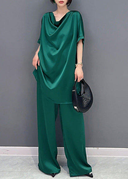 DIY Green O-Neck Solid Top And Wide Leg Pants Two Pieces Set Short Sleeve LY4382 - fabuloryshop