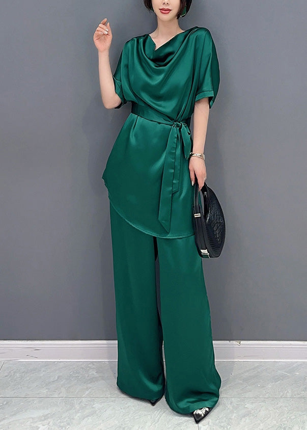 DIY Green O-Neck Solid Top And Wide Leg Pants Two Pieces Set Short Sleeve LY4382 - fabuloryshop