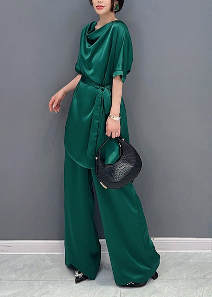 DIY Green O-Neck Solid Top And Wide Leg Pants Two Pieces Set Short Sleeve LY4382 - fabuloryshop