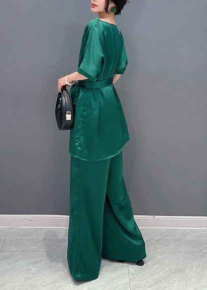 DIY Green O-Neck Solid Top And Wide Leg Pants Two Pieces Set Short Sleeve LY4382 - fabuloryshop