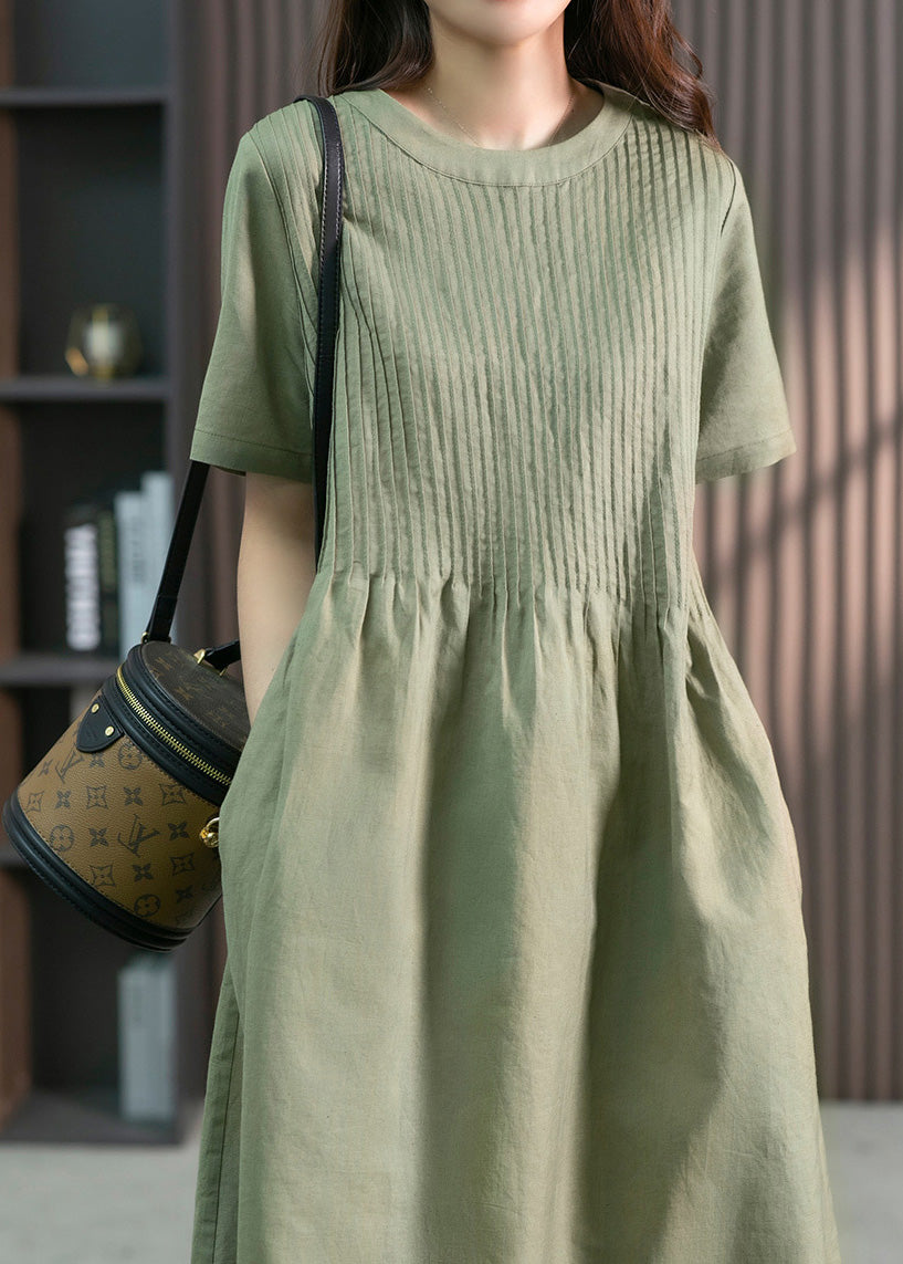 DIY Green O-Neck Wrinkled Solid Linen Maxi Dress Short Sleeve LY1763 - fabuloryshop