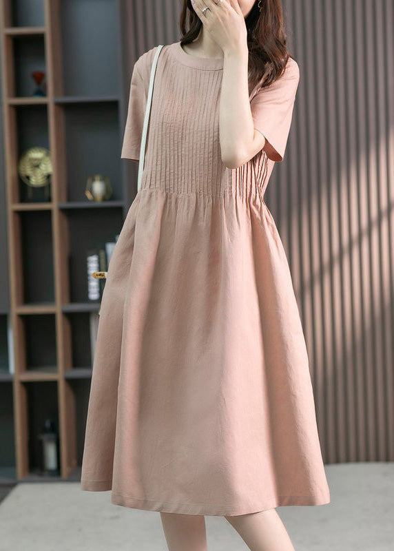 DIY Green O-Neck Wrinkled Solid Linen Maxi Dress Short Sleeve LY1763 - fabuloryshop