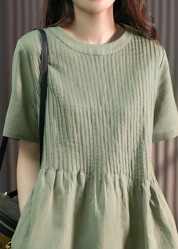 DIY Green O-Neck Wrinkled Solid Linen Maxi Dress Short Sleeve LY1763 - fabuloryshop