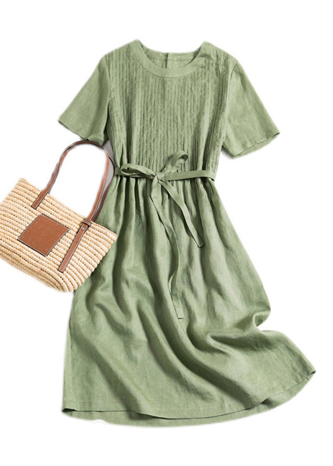 DIY Green O-Neck Wrinkled Solid Linen Maxi Dress Short Sleeve LY1763 - fabuloryshop