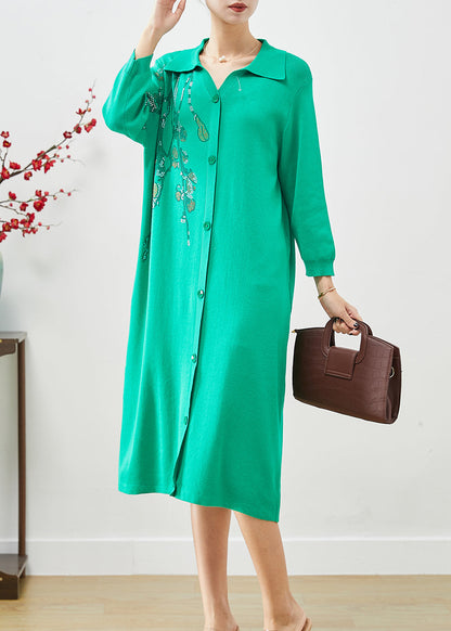 DIY Green Oversized Hot Fixrhinestone Knit Mid Dress Fall Ada Fashion