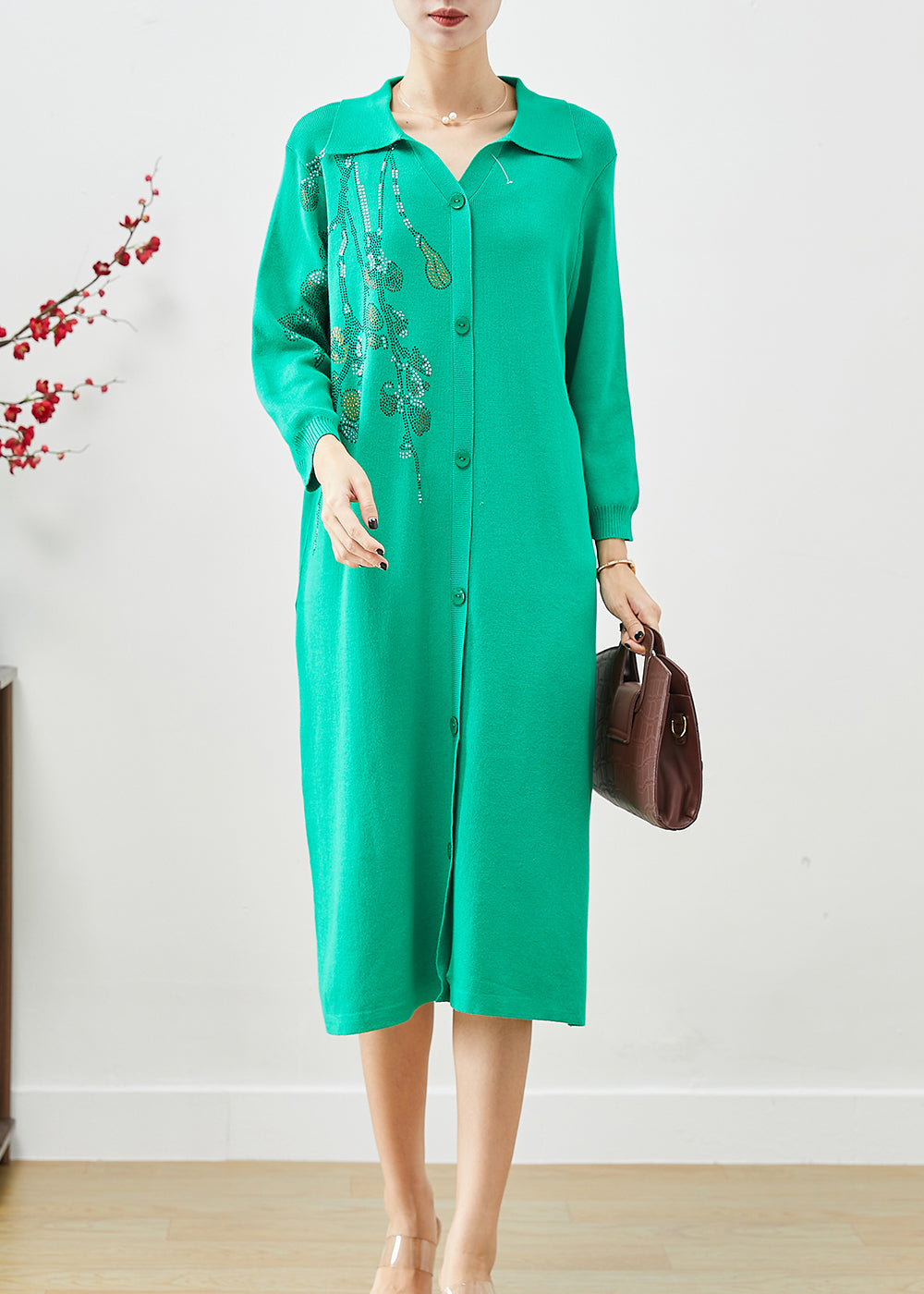 DIY Green Oversized Hot Fixrhinestone Knit Mid Dress Fall Ada Fashion