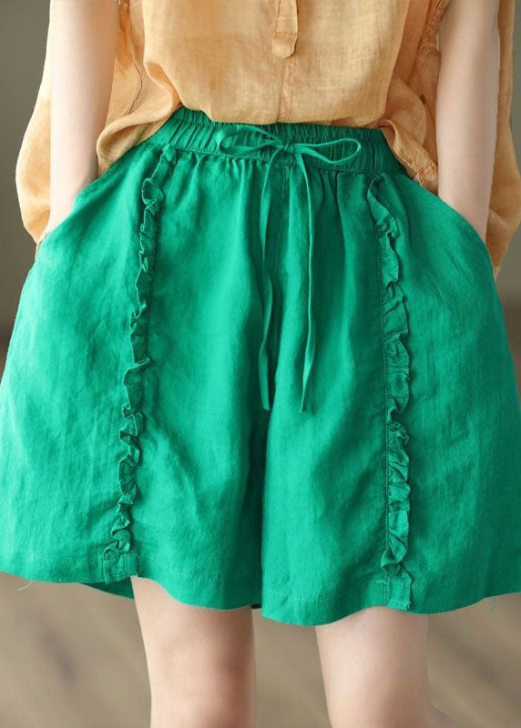 DIY Green Pockets Ruffled Patchwork Linen Hot Pants Summer LY0633