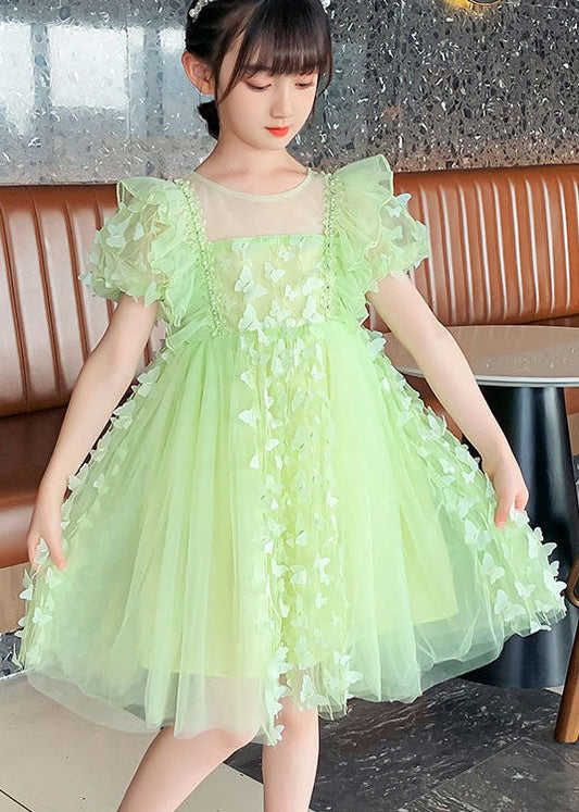 DIY Green Ruffled Butterfly Patchwork Tulle Kids Girls Mid Dress Summer Ada Fashion