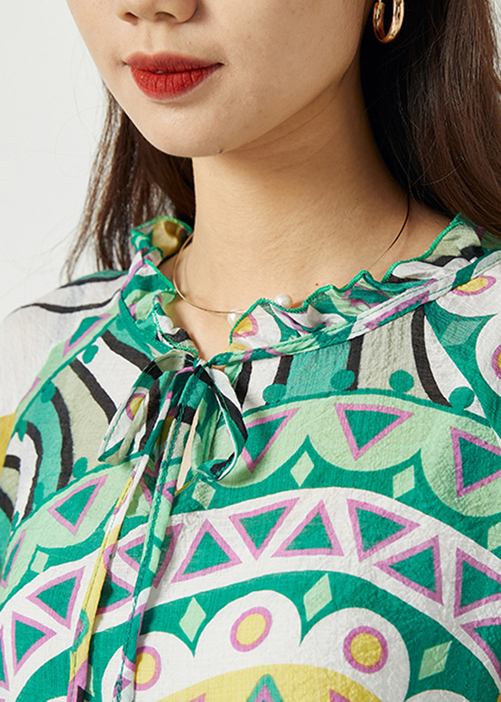 DIY Green Ruffled Collar Print Cotton Two Pieces Set Bracelet Sleeve LC0396 - fabuloryshop