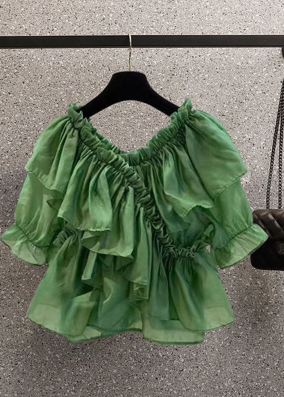 DIY Green Ruffled Patchwork Chiffon Blouses Summer LY0611 - fabuloryshop