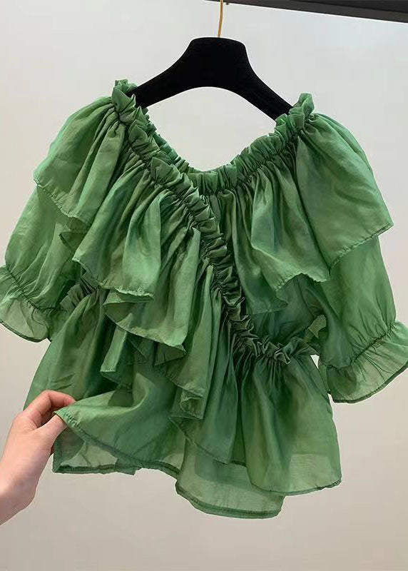 DIY Green Ruffled Patchwork Chiffon Blouses Summer LY0611 - fabuloryshop