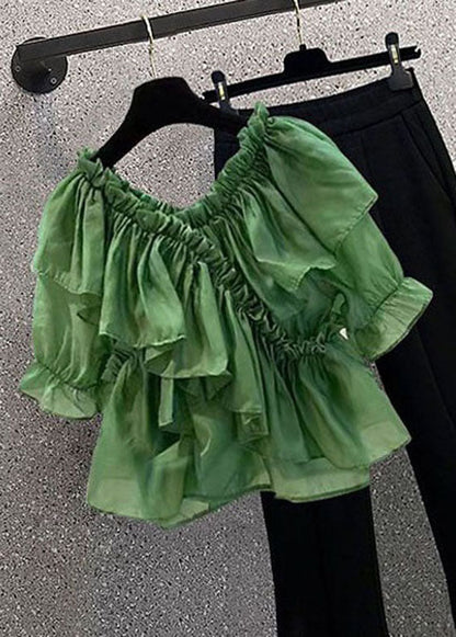 DIY Green Ruffled Patchwork Chiffon Blouses Summer LY0611 - fabuloryshop