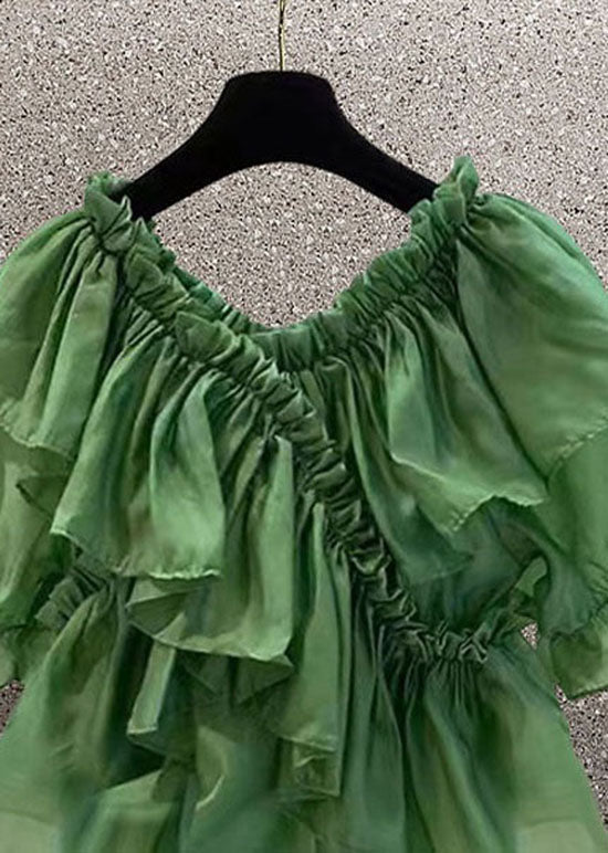 DIY Green Ruffled Patchwork Chiffon Blouses Summer LY0611 - fabuloryshop