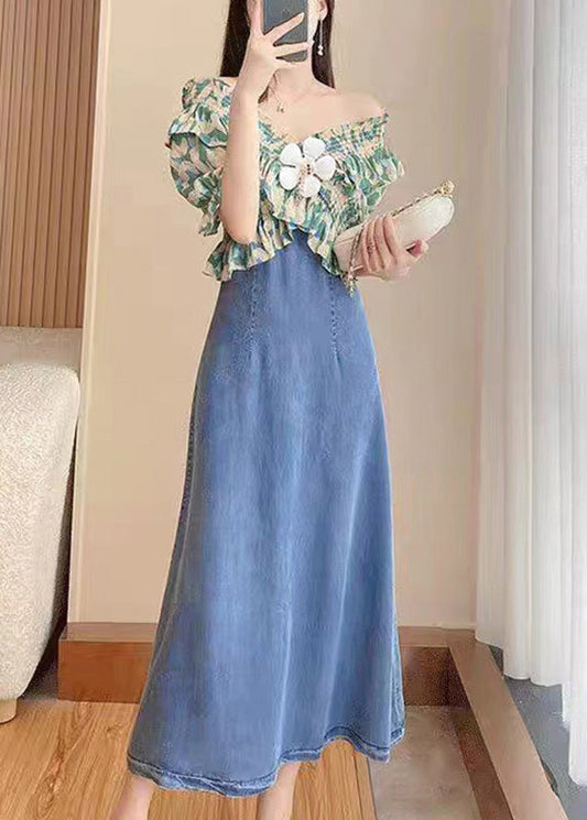 DIY Green Slash Neck Print Patchwork Denim Long Dress Short Sleeve TY1086 - fabuloryshop