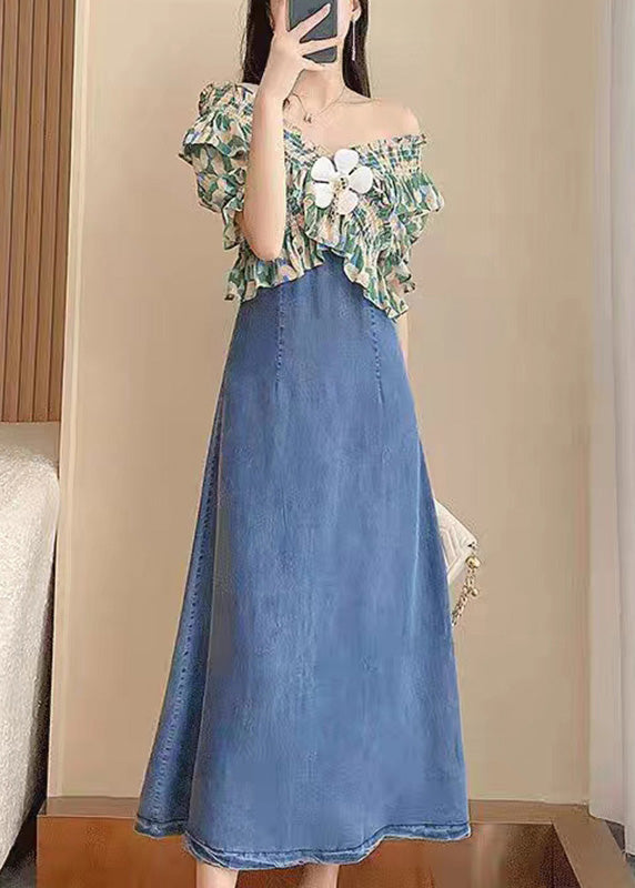 DIY Green Slash Neck Print Patchwork Denim Long Dress Short Sleeve TY1086 - fabuloryshop