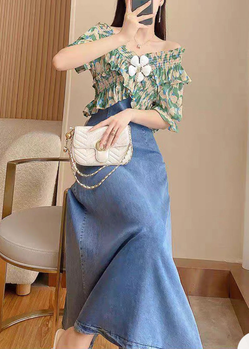 DIY Green Slash Neck Print Patchwork Denim Long Dress Short Sleeve TY1086 - fabuloryshop