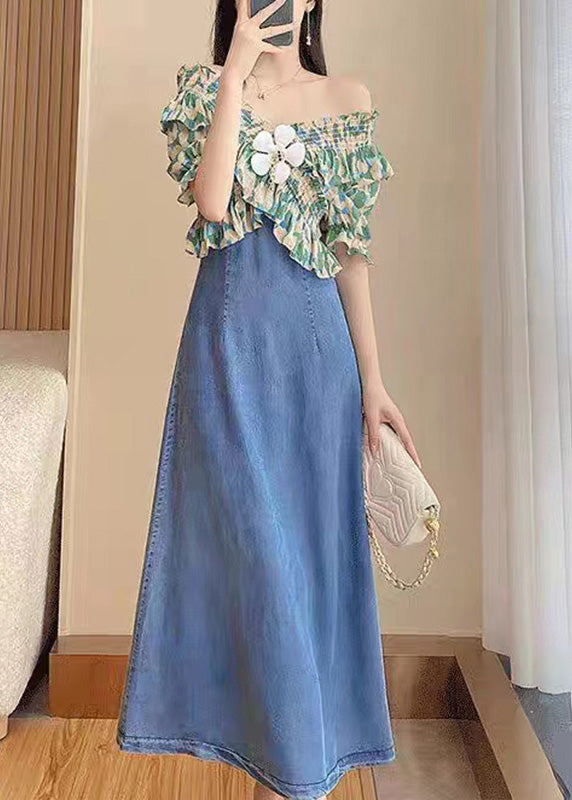 DIY Green Slash Neck Print Patchwork Denim Long Dress Short Sleeve TY1086 - fabuloryshop