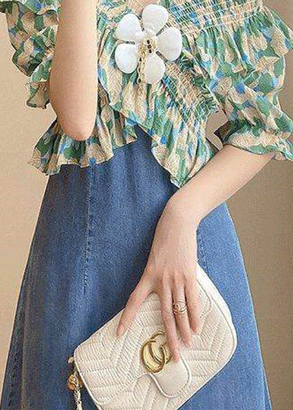 DIY Green Slash Neck Print Patchwork Denim Long Dress Short Sleeve TY1086 - fabuloryshop