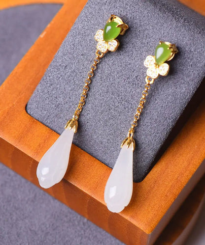 DIY Green Sterling Silver Inlaid Jade Zircon Tassel Drop Earrings Ada Fashion