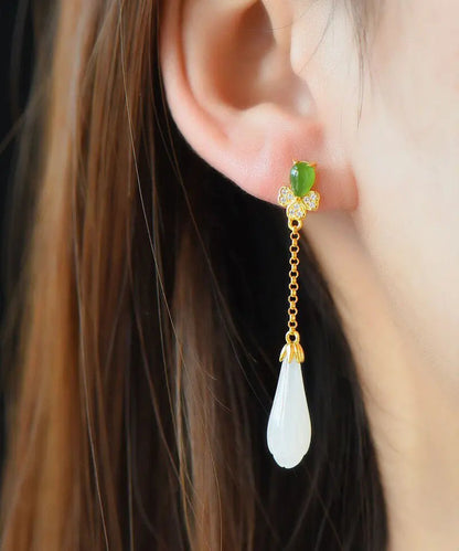 DIY Green Sterling Silver Inlaid Jade Zircon Tassel Drop Earrings Ada Fashion