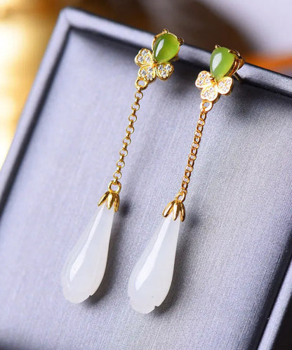 DIY Green Sterling Silver Inlaid Jade Zircon Tassel Drop Earrings Ada Fashion