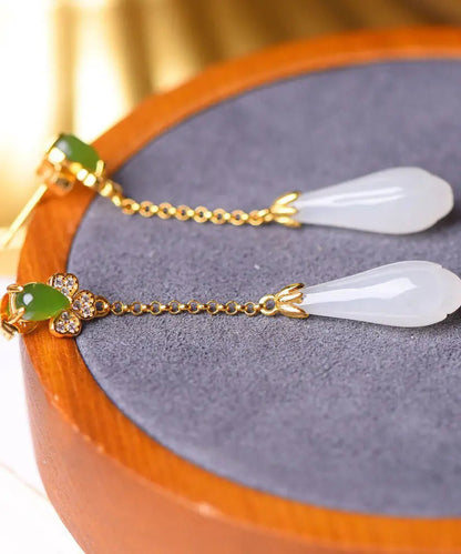 DIY Green Sterling Silver Inlaid Jade Zircon Tassel Drop Earrings Ada Fashion