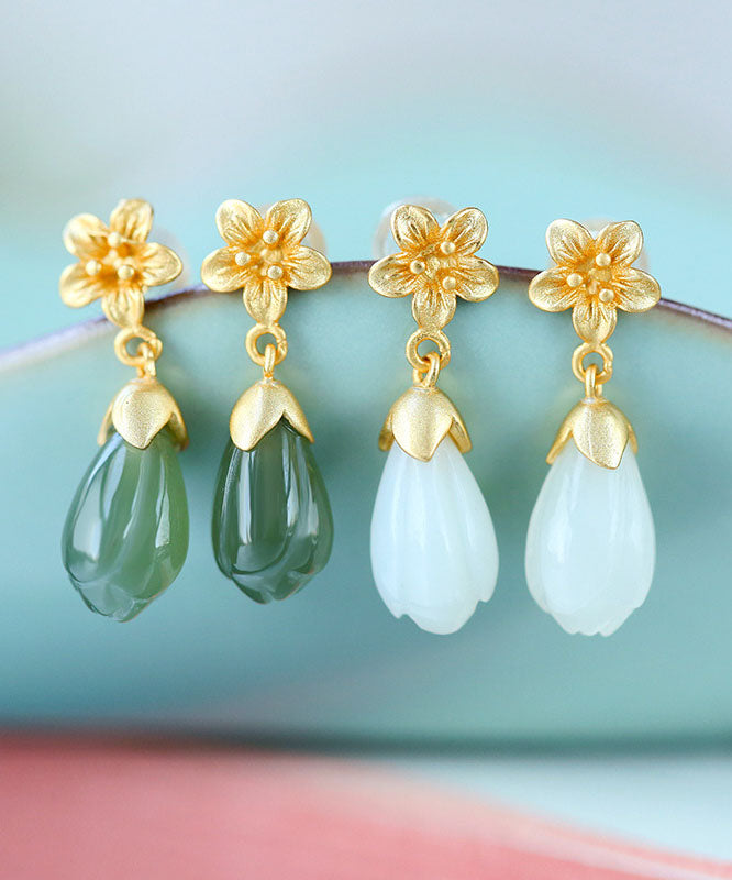 DIY Green Sterling Silver Jade Orchid Drop Earrings TW1026 - fabuloryshop