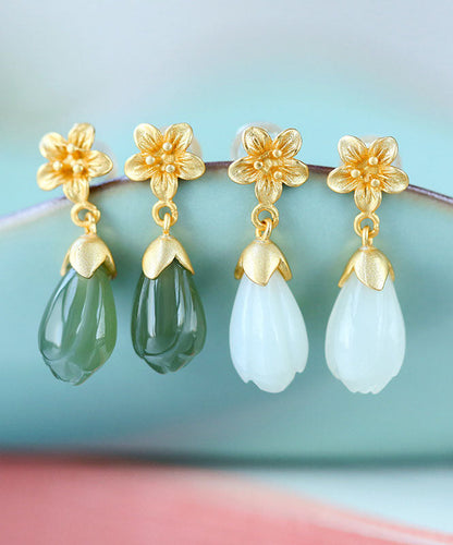 DIY Green Sterling Silver Jade Orchid Drop Earrings Ada Fashion