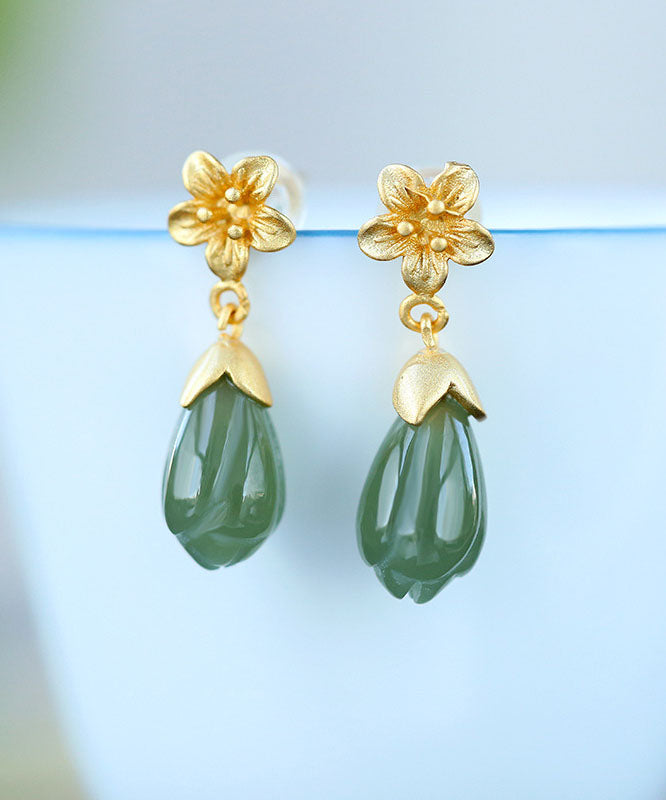 DIY Green Sterling Silver Jade Orchid Drop Earrings TW1026