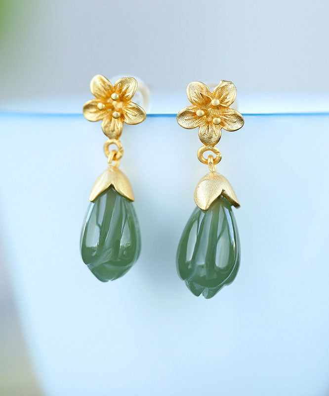 DIY Green Sterling Silver Jade Orchid Drop Earrings Ada Fashion