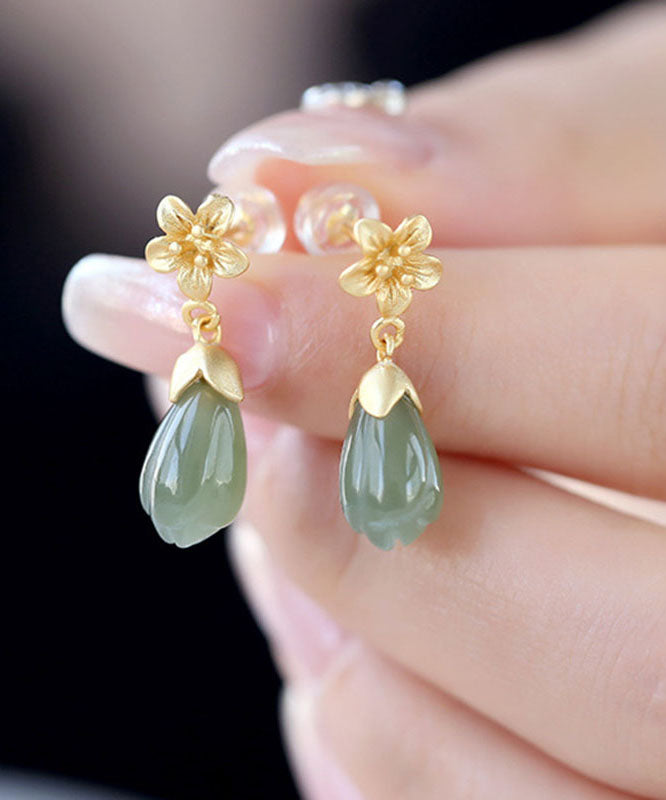 DIY Green Sterling Silver Jade Orchid Drop Earrings TW1026