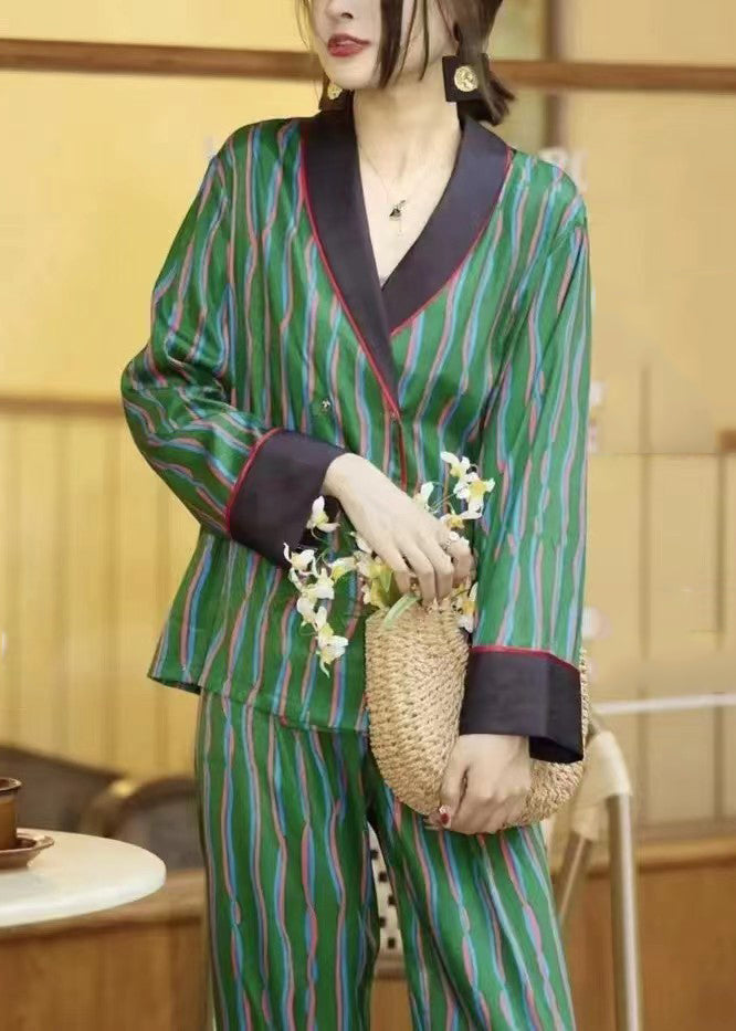 DIY Green Striped Peter Pan Collar Ice Silk Pajamas Two Piece Set Long Sleeve TO1016 - fabuloryshop