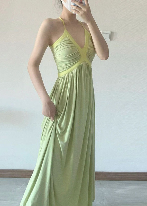 DIY Green V Neck Patchwork Wrinkled Slim Long Dress Sleeveless LY2666 - fabuloryshop