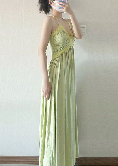 DIY Green V Neck Patchwork Wrinkled Slim Long Dress Sleeveless LY2666 - fabuloryshop