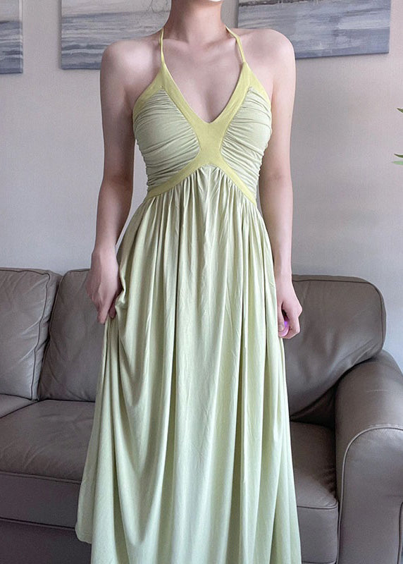 DIY Green V Neck Patchwork Wrinkled Slim Long Dress Sleeveless LY2666 - fabuloryshop