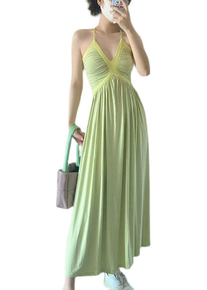 DIY Green V Neck Patchwork Wrinkled Slim Long Dress Sleeveless LY2666 - fabuloryshop