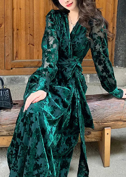 DIY Green V Neck Print Silk Velour Tie Waist Maxi Dresses Fall Ada Fashion