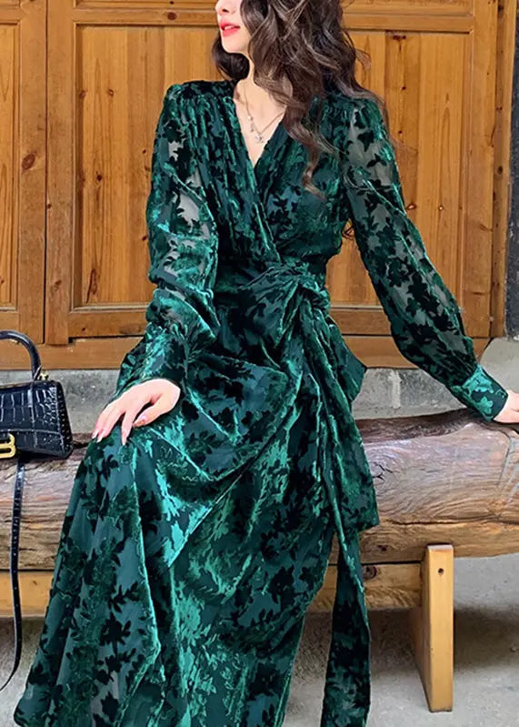 DIY Green V Neck Print Silk Velour Tie Waist Maxi Dresses Fall Ada Fashion