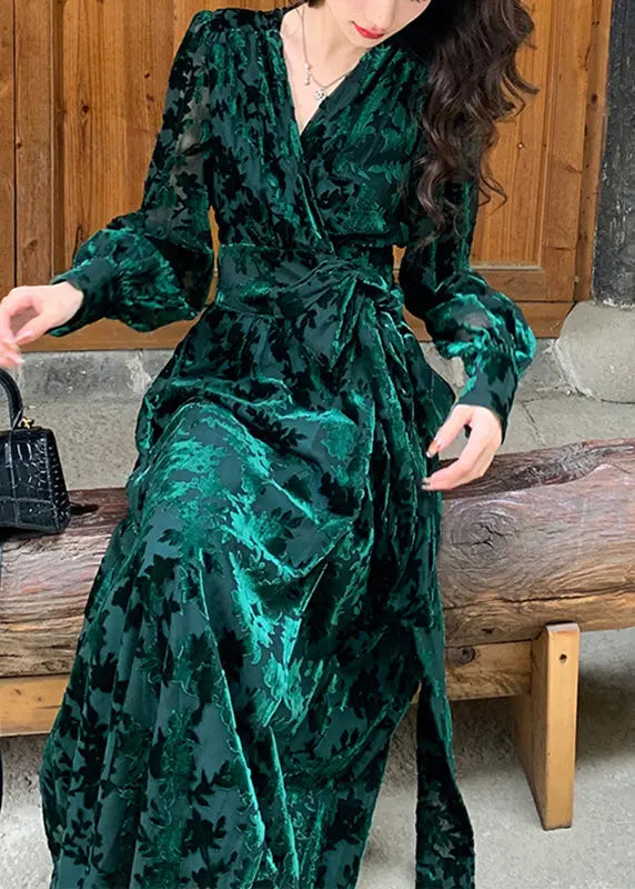 DIY Green V Neck Print Silk Velour Tie Waist Maxi Dresses Fall Ada Fashion