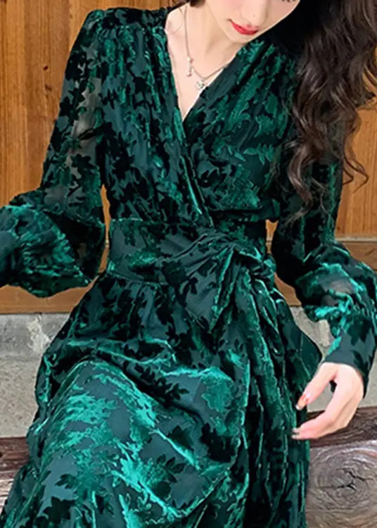 DIY Green V Neck Print Silk Velour Tie Waist Maxi Dresses Fall Ada Fashion