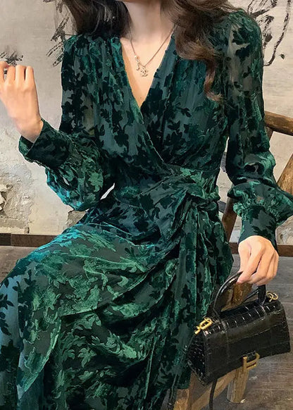 DIY Green V Neck Print Silk Velour Tie Waist Maxi Dresses Fall Ada Fashion