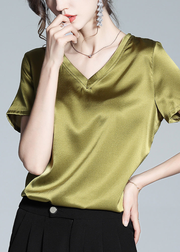 DIY Green V Neck Solid Silk Top Summer LY0999 - fabuloryshop