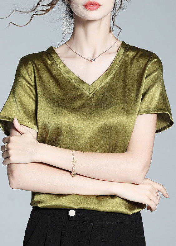 DIY Green V Neck Solid Silk Top Summer LY0999 - fabuloryshop