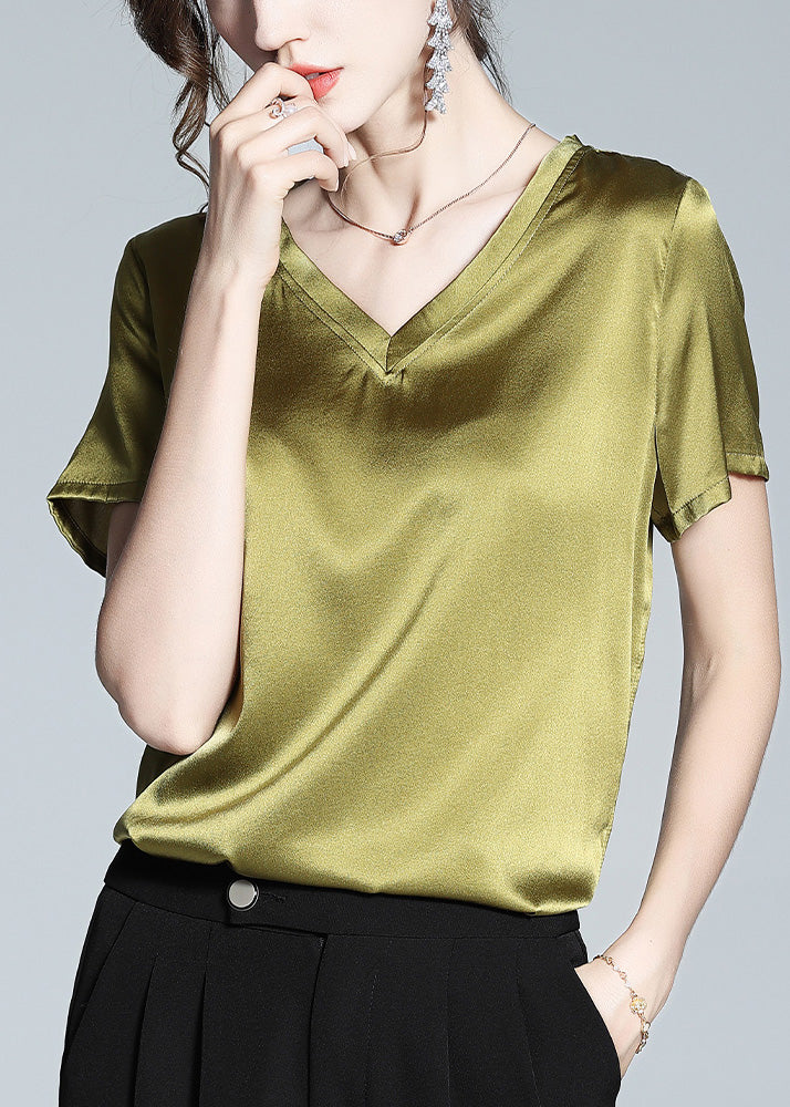 DIY Green V Neck Solid Silk Top Summer LY0999 - fabuloryshop