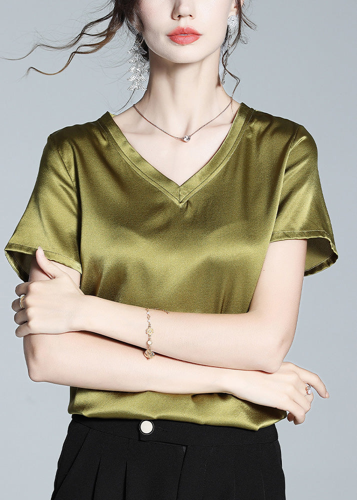 DIY Green V Neck Solid Silk Top Summer LY0999 - fabuloryshop